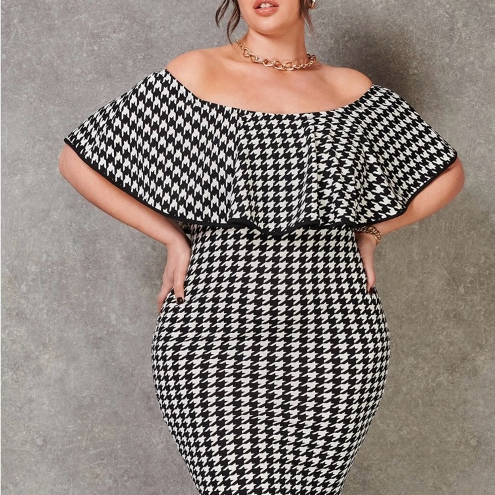Off-Shoulder Houndstooth Dress